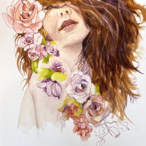 Woman embraced by flowers