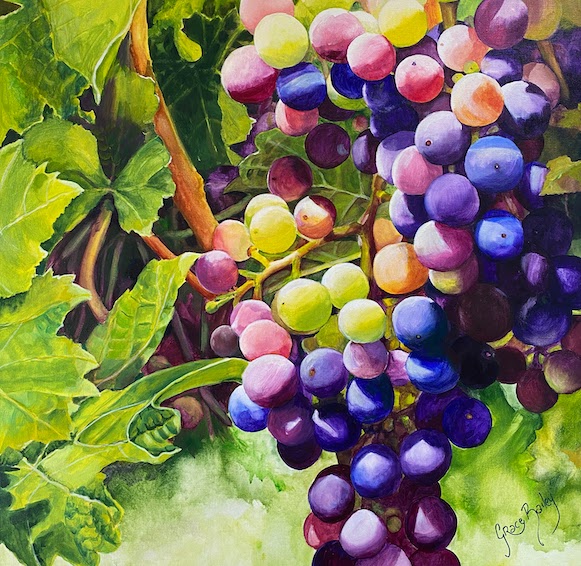 Painting inspired by John 15 showing abundant fruit on branches, symbolizing fruitfulness in the Kingdom of God.