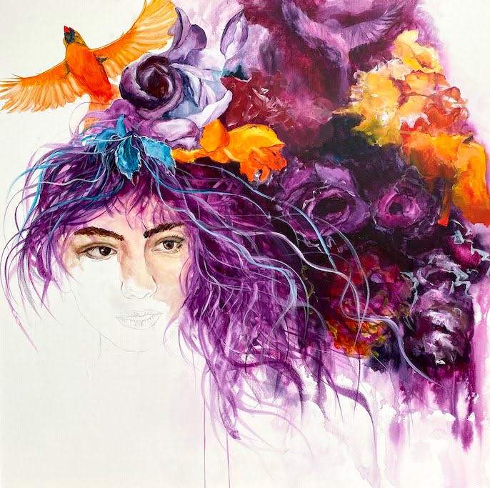 woman, bird, flower, abstract, contemporary art