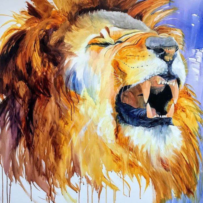 A vibrant prophetic painting of a roaring lion, symbolising the Lion of Judah, painted live in Singapore. The artwork bursts with colour and energy, representing God’s power, authority, and victorious presence.