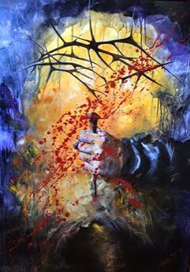 Crucifixion of Jesus, crown of thorns, blood, royal submission, prophetic art