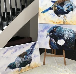 The finished commission, Finished painting of tui bird