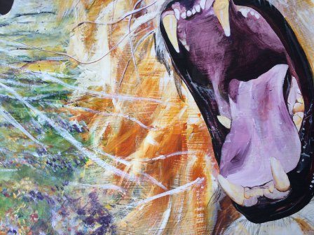 lion roaring, lion, lion roaring painting