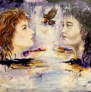 south island painting reconciliation, painting, two faces of women, eagle