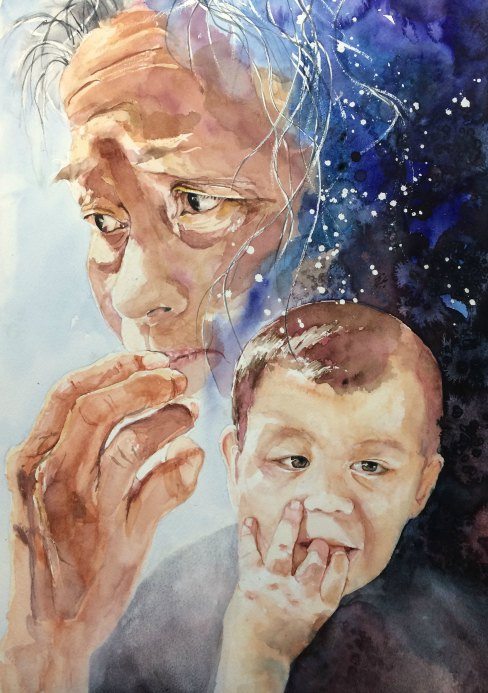 There But For the Grace of God go I? Old women with her children painting